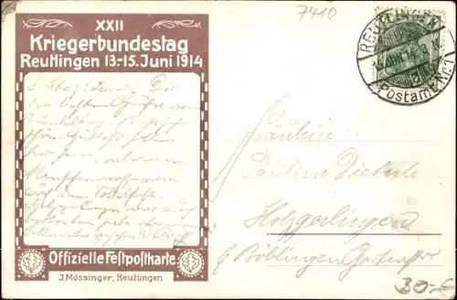 Künstler Ak Reutlingen in Württemberg, XXII. Kriegerbundestag 1914, Wappen, Fahnen