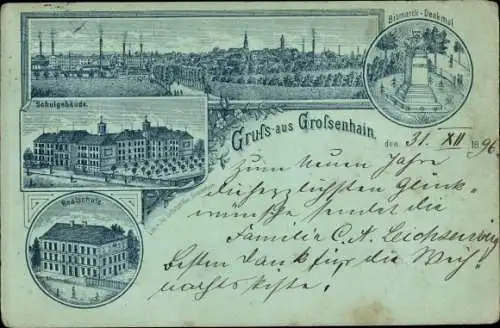 Mondschein Litho Großenhain Sachsen, Schulgebäude, Realschule, Bismarck-Denkmal