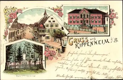 Litho Kippenheim in Baden, Stulz'sches Denkmal, Rathaus, Schule