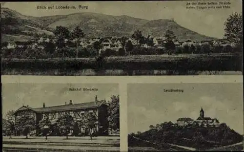 Ak Lobeda Jena Thüringen, Gesamtansicht mit Burg, Bahnhof Göschwitz, Leuchtenburg