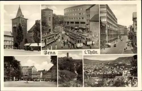 Ak Jena in Thüringen, Kirchturm, Straßenbahn, Straßenpartie