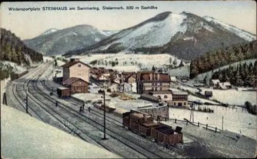 Ak Steinhaus am Semmering Steiermark, Bahnhof, Gleisseite, Winteransicht