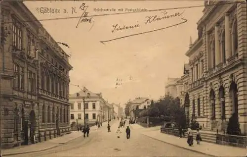 Ak Jablonec nad Nisou Gablonz an der Neiße, Reichsstraße mit Postgebäude