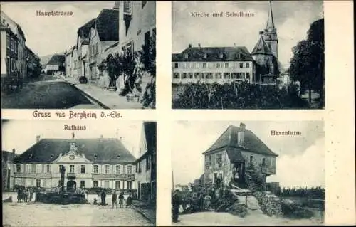 Ak Bergheim Elsass Haut Rhin, Hexenturm, Rathaus, Kirche, Schule