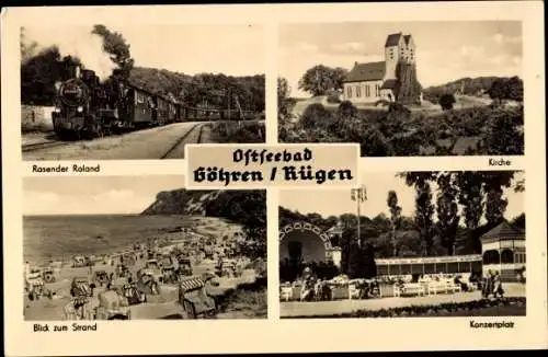 Ak Ostseebad Göhren auf Rügen, Rasender Roland, Konzertplatz, Kirche, Strand, Strandkörbe