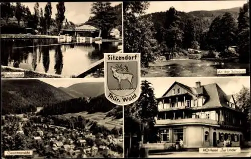 Ak Sitzendorf Thüringen, An der Schwarza, Badeanstalt, HO Hotel Zur Linde