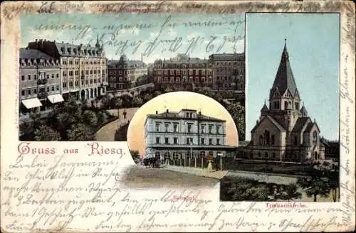 Ak Riesa an der Elbe Sachsen, Trinitatiskirche, Kaiser Wilhelmplatz, Bahnhof