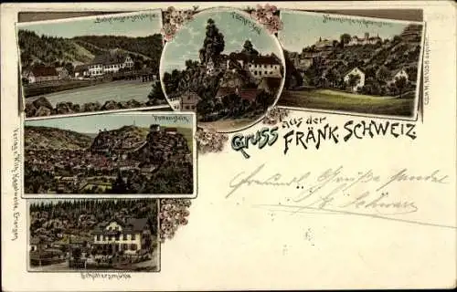 Litho Pottenstein in Oberfranken, Neumühle, Tüchersfeld, Behringersmühle, Schüttersmühle