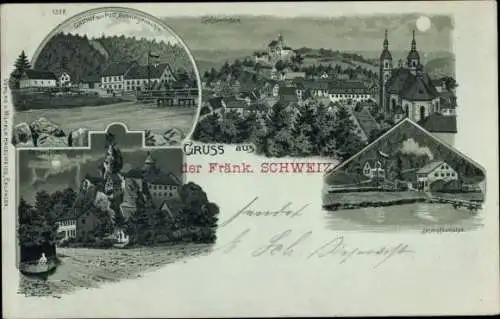 Mondschein Litho Behringersmühle Gößweinstein in Oberfranken, Stempfermühle, Gasthof zur Post