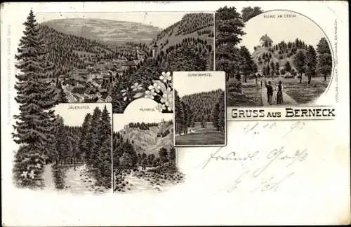 Litho Bad Berneck im Fichtelgebirge Bayern, Ruinen, Schwimmbad, Jägersteg