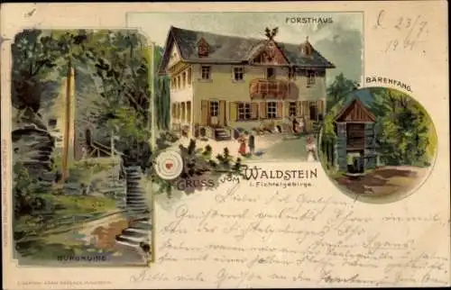 Litho Zell im Fichtelgebirge, Großer Waldstein, Bärenfang, Forsthaus, Burgruine