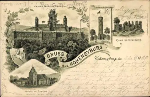 Litho Hohensyburg Syburg Dortmund, Kaiser Wilhelm Denkmal, Vincke Turm, Ruine, Kirche