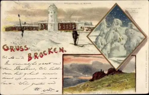 Litho Brocken Nationalpark Harz, Gewitter, Schneelandschaft, Skiwanderer