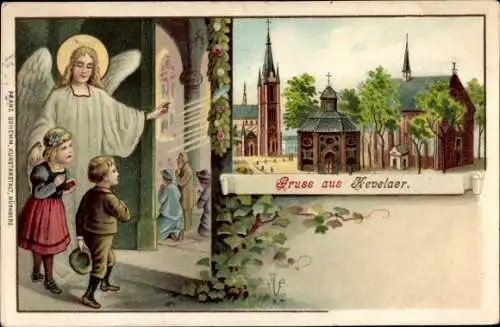 Litho Kevelaer am Niederrhein, Engel mit Kindern, Gnadenkapelle, Kirche