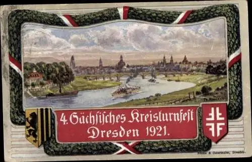 Wappen Künstler Ak Dresden, 4. Sächsisches Kreisturnfest 1921, Stadtansicht vom Waldschlösschen aus