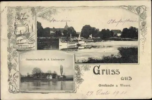 Passepartout Ak Grohnde Emmerthal an der Weser, Gastwirtschaft G. A. Lindemeyer, Salondampfer