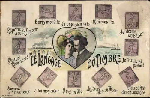 Ak Briefmarkensprache, Liebespaar