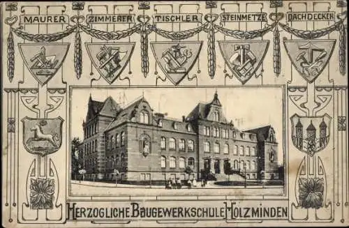 Passepartout Ak Holzminden an der Weserm Herzogliche Baugewerkschule, Dachdecker, Tischler, Maurer