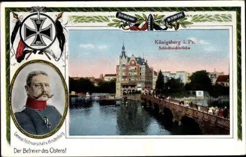 Passepartout Ak Kaliningrad Königsberg Ostpreußen, Schlossteichbrücke, Hindenburg, Eisernes Kreuz