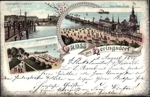 Litho Ostseebad Heringsdorf auf Usedom, Kaiser Wilhelm Brücke, Damenbad