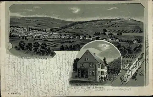 Mondschein Litho Reichelsheim im Odenwald, Gasthaus zum Schwanen, Totalansicht