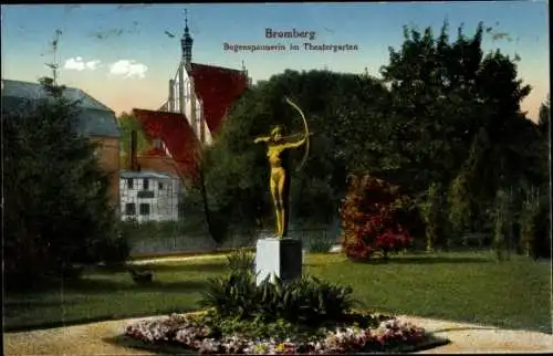 Ak Bydgoszcz Bromberg Westpreußen, Theatergarten, Statue Bogenspannerin