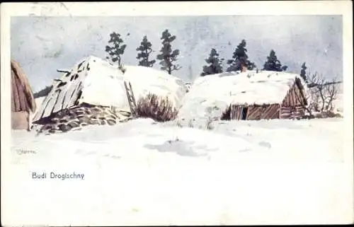 Künstler Ak Starke, W., Russisch Polnischer Kriegsschauplatz 1914-15, Hütten im Schnee