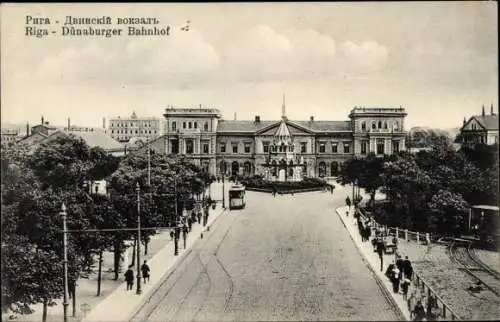 Ak Riga Lettland, Dünaburger Bahnhof, Straßenbahn