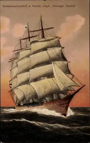 Ak Kadetten-Schulschiff Herzogin Cecilie, Norddeutscher Lloyd Bremen, Segelschiff