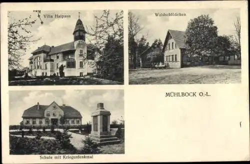 Ak Ołobok Mühlbock Schlesien, Waldschlösschen, Villa Halpaus, Schule, Kriegerdenkmal