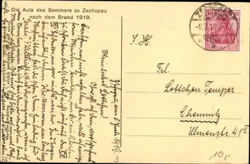 Ak Zschopau im Erzgebirge Sachsen, Aula des Seminars nach dem Brand 1919