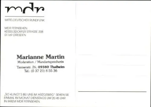 Ak Schauspielerin Marianne Martin, Portrait, Autogramm, So klingts bei uns im Arzgebirg