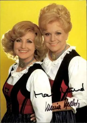 Ak Schauspielerinnen und Sängerinnen Maria und Margot Hellwig, Portrait, Autogramm, Dirndl