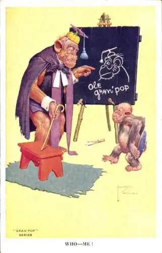 Künstler Ak Lawson Wood, vermenschlichte Affen, Großvater, Tafel