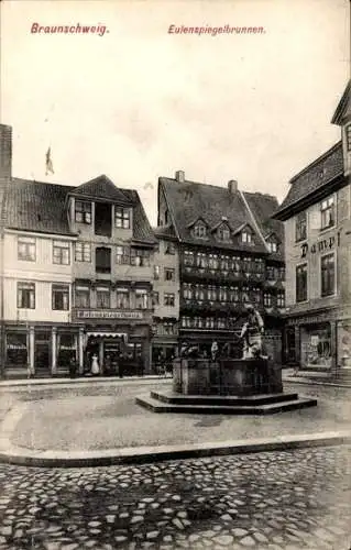 Ak Braunschweig in Niedersachsen, Eulenspiegelbrunnen, Geschäfte