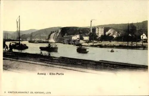 Ak Ústí nad Labem Aussig an der Elbe, Teilansicht, Hafen, Schiffe