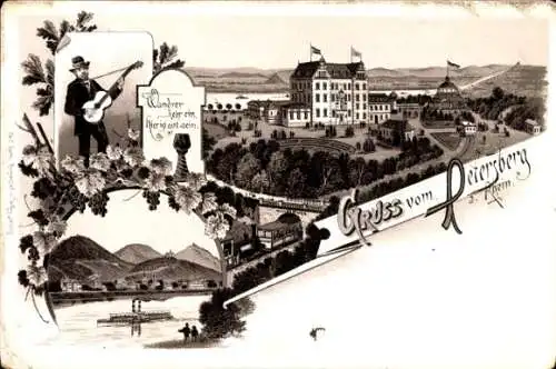 Litho Königswinter am Rhein, Petersberg, Panorama, Mann mit Gitarre