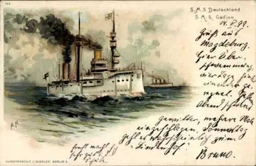 Künstler Litho Deutsche Kriegsschiffe SMS Deutschland und SMS Gefion, Kaiserliche Marine