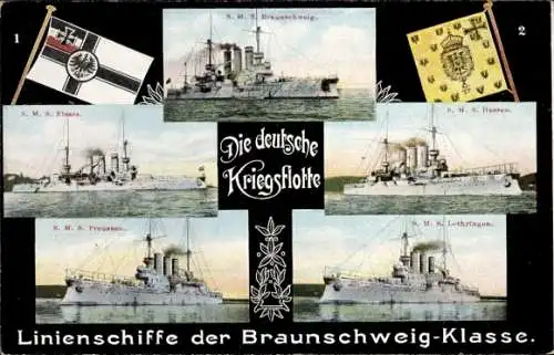 Ak Deutsche Kriegsschiffe, SMS Lothringen, Hessen, Braunschweig, Preußen, Linienschiffe, Fahnen