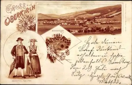 Litho Oberkirch im Renchtal Baden, Schauenburg, Liebespaar in Volkstracht