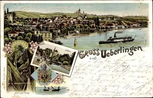 Litho Überlingen am Bodensee, Hafen, Hödinger Tobel, Totalansicht