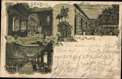 Mondschein Litho Karlsruhe in Baden, Restaurant Moninger, Kaiser-Wilhelm-Denkmal