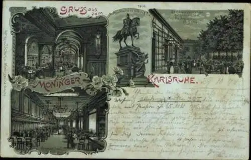 Mondschein Litho Karlsruhe in Baden, Restaurant Moninger, Kaiser-Wilhelm-Denkmal