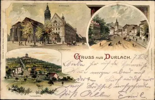 Litho Durlach Karlsruhe in Baden, Turmberg, Kirche, Rathaus, Hauptstraße