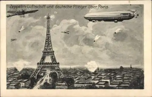 Ak Paris VII, Eiffelturm, Zeppelin-Luftschiff, Deutscher Flieger