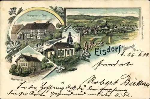 Litho Eisdorf Bad Grund im Harz, Gasthaus, Kirche, Pfarrhaus, Totalansicht