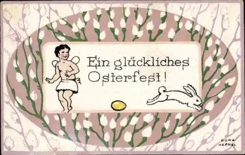 Künstler Ak Heckel, Dora, Glückwunsch Ostern, Weidenkätzchen, Hase, Osterei