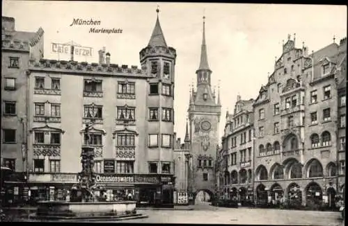 Ak München, Marienplatz, Turm, Geschäfte