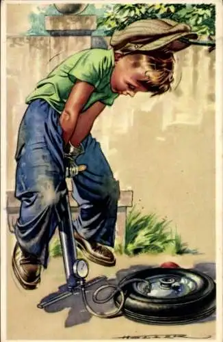 Künstler Ak Junge pumpt einen Reifen auf, Luftpumpe