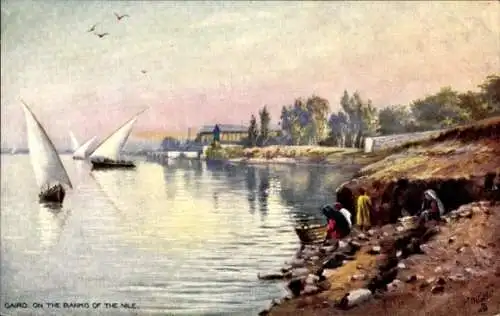 Künstler Ak Ägypten, On the Banks of the Nile, Segelboote